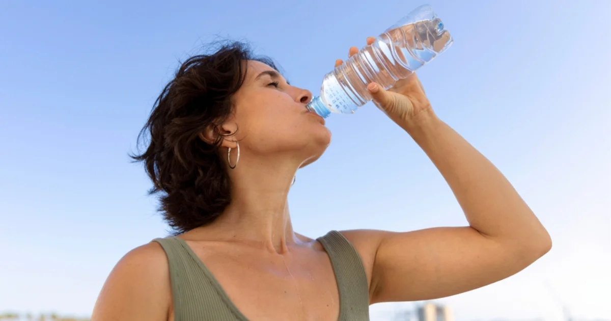 Woman drinking from a plastic water bottle outdoors.